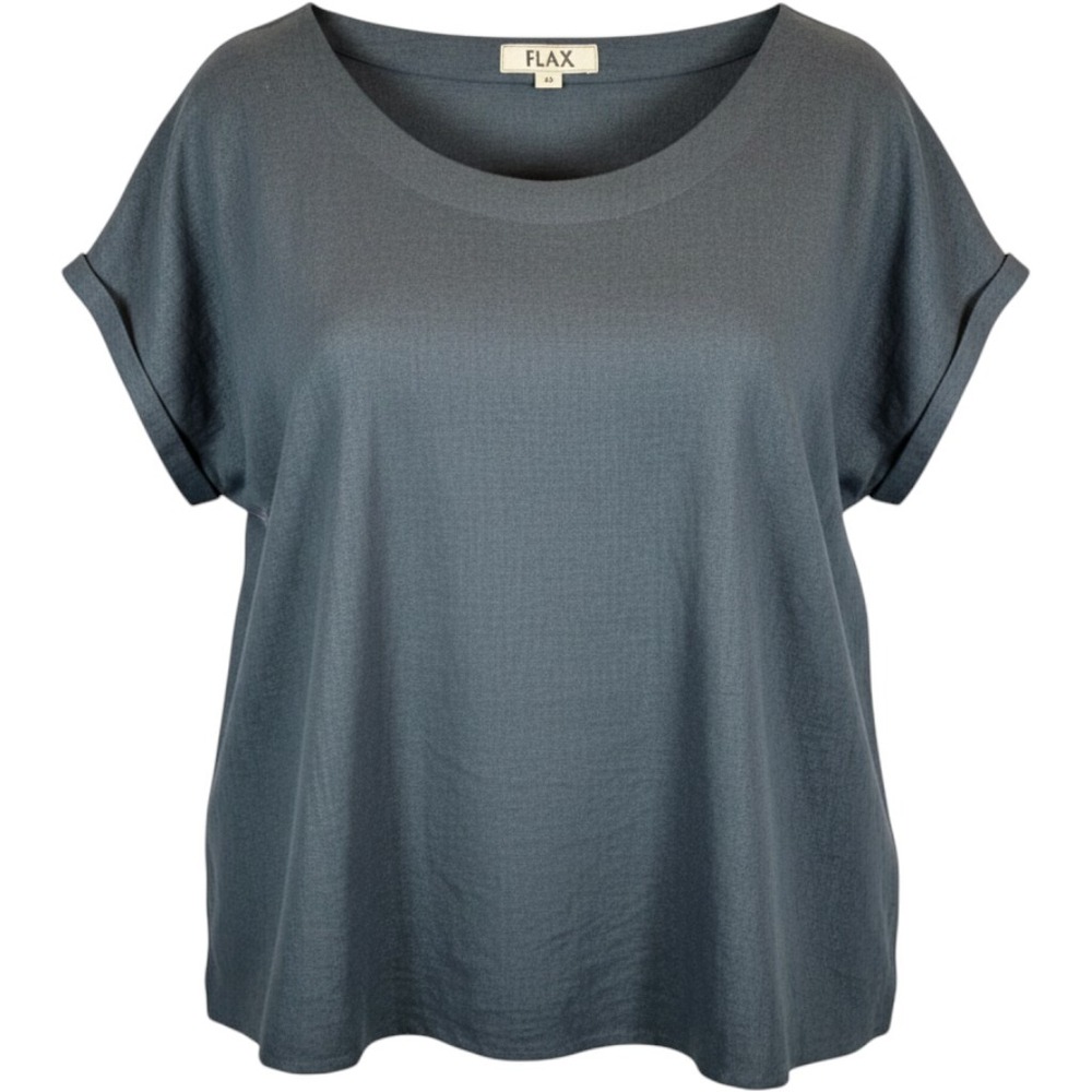 FLAX Womens Medium Navy Blue 100% Linen Short Sleeve Scoop Neck Boxy Top Blouse